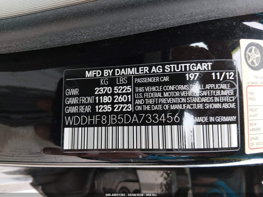 2013 Mercedes-benz E-klasse VIN WDDHF8JB5DA733456 IAAI salvage auction — FRONT END, Original (Texas), sold $2,800 on 2026-07-07 (photo 9)
