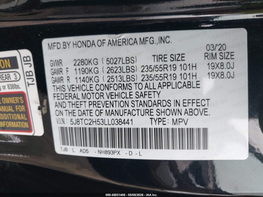 2020 Acura Rdx VIN 5J8TC2H53LL038441 IAAI salvage auction — RIGHT REAR, Salvage (California), sold $10,000 on 2026-07-20 (photo 9)