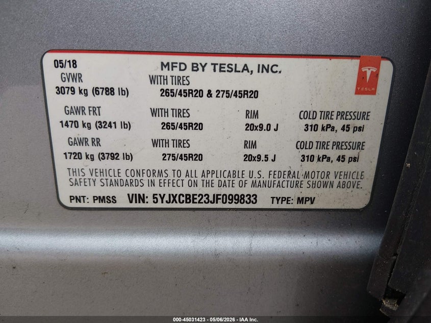 2018 Tesla Model x VIN 5YJXCBE23JF099833 IAAI salvage auction — FRONT & REAR, Clear (Washington), sold $7,600 on 2026-07-29 (photo 9)