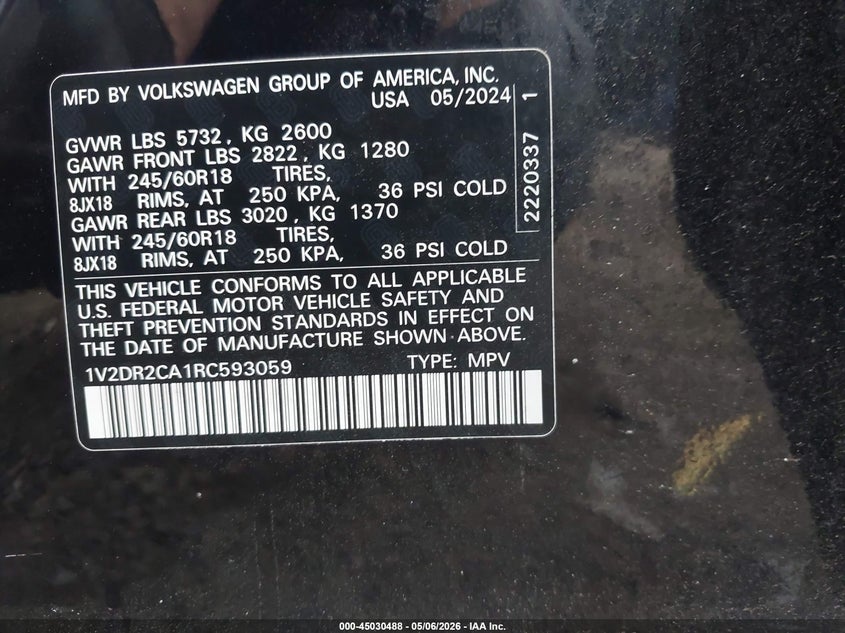 2024 Volkswagen Atlas VIN 1V2DR2CA1RC593059 IAAI salvage auction — LEFT FRONT, Salvage (Texas), sold $11,000 on 2026-07-29 (photo 9)