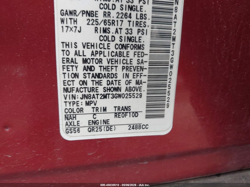 2016 Nissan Rogue VIN JN8AT2MT3GW025529 IAAI salvage auction — FRONT END, Original (Texas), sold $1,700 on 2026-07-08 (photo 9)