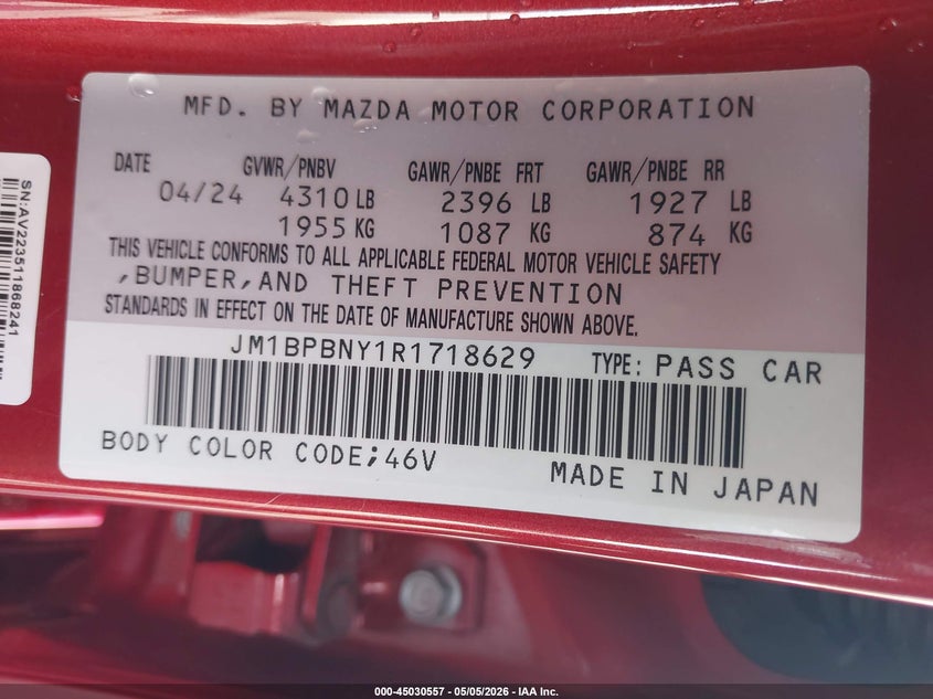 2024 Mazda 3 VIN JM1BPBNY1R1718629 IAAI salvage auction — RIGHT FRONT, Salvage (Arizona), sold $6,450 on 2026-07-28 (photo 9)