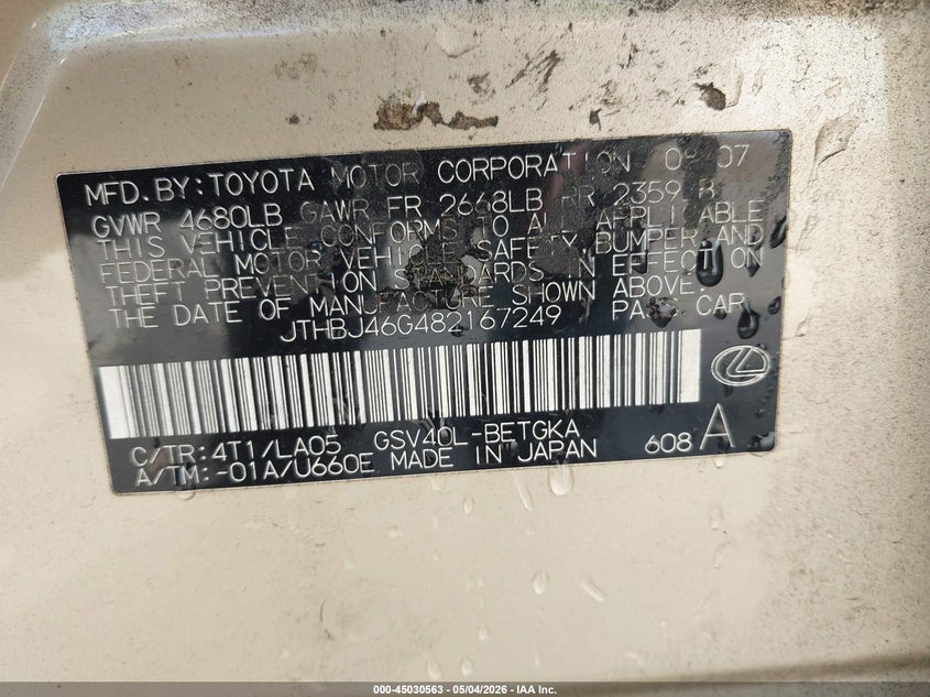 2008 Lexus Es 350 VIN JTHBJ46G482167249 IAAI salvage auction — NORMAL WEAR, Repossession Paperwork (Georgia), sold $625 on 2026-07-09 (photo 9)