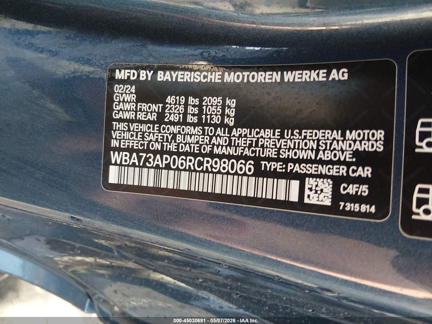 2024 BMW 4er VIN WBA73AP06RCR98066 IAAI salvage auction — HAIL, Salvage (Ohio), sold $15,100 on 2026-07-28 (photo 9)