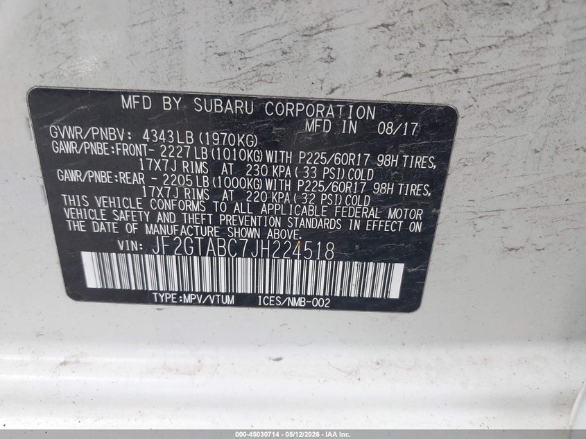 2018 Subaru Crosstrek VIN JF2GTABC7JH224518 IAAI salvage auction — HAIL, Salvage (Ohio), sold $3,625 on 2026-07-18 (photo 9)