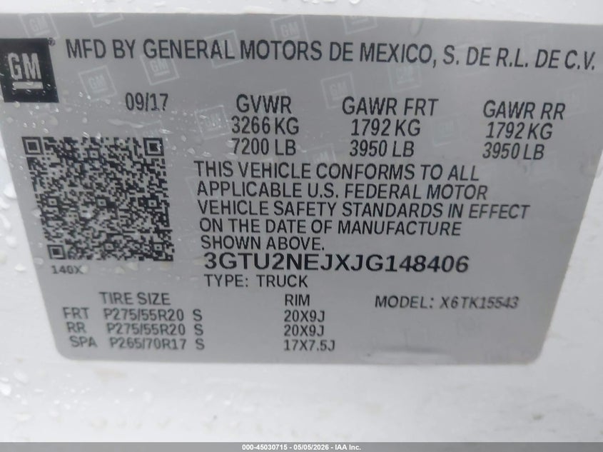 2018 Gmc Sierra 1500 VIN 3GTU2NEJXJG148406 IAAI salvage auction — HAIL, Clear (Arkansas), sold $9,200 on 2026-07-08 (photo 9)