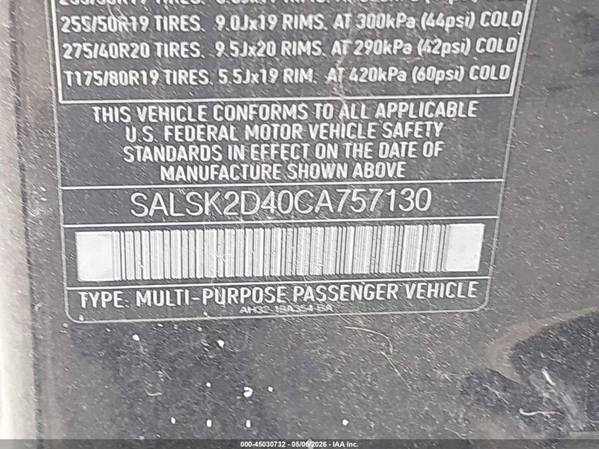 2012 Land rover Range rover sport VIN SALSK2D40CA757130 IAAI salvage auction — NORMAL WEAR, Clear (Washington), sold $625 on 2026-07-17 (photo 9)