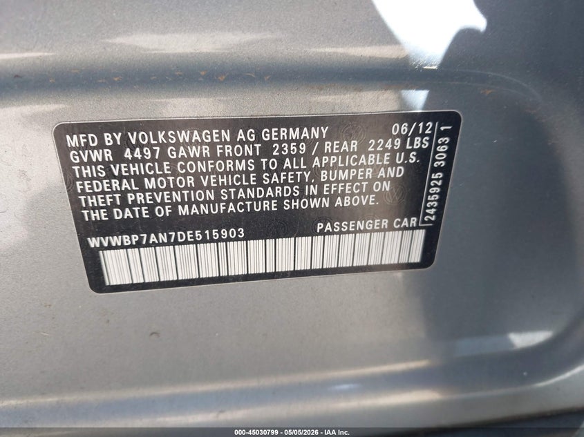 2013 Volkswagen Passat cc VIN WVWBP7AN7DE515903 IAAI salvage auction — FRONT END, Salvage - Greater Than 75% (Maryland), sold $125 on 2026-08-05 (photo 9)
