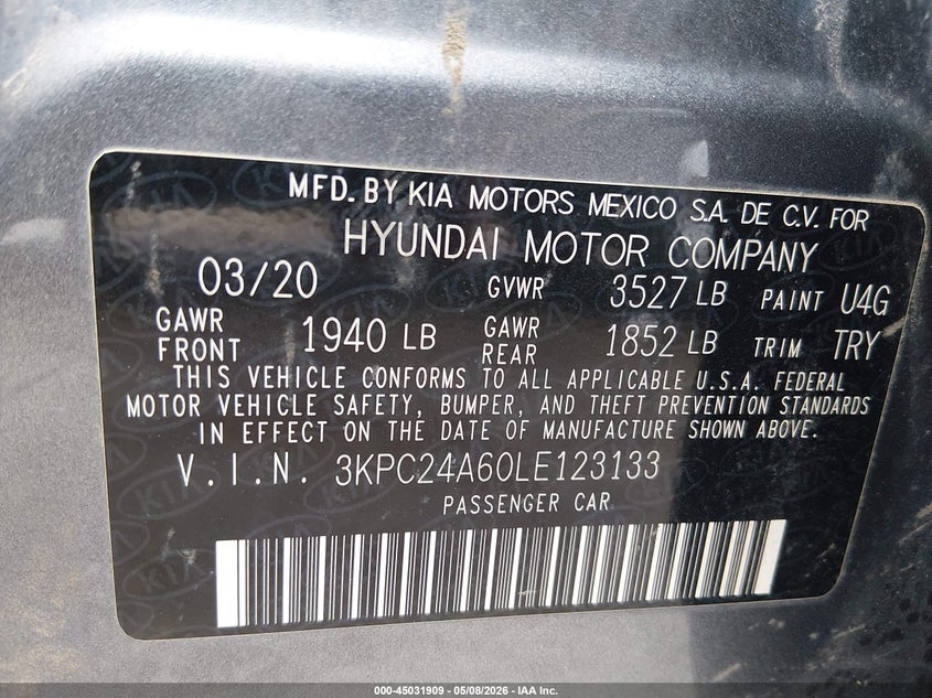 2020 Hyundai Accent VIN 3KPC24A60LE123133 IAAI salvage auction — FRONT END, Salvage Title, sold $775 on 2026-07-12 (photo 9)