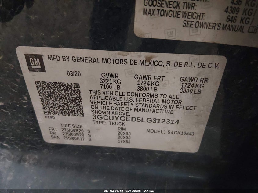 2020 Chevrolet Silverado VIN 3GCUYGED5LG312314 IAAI salvage auction — FRONT END, Salvage (Minnesota), sold $3,400 on 2026-08-02 (photo 9)