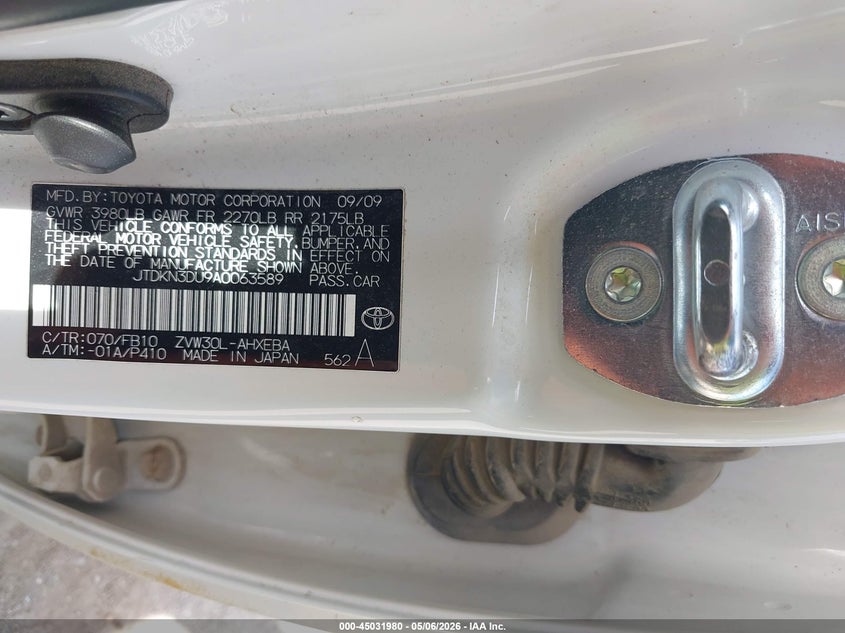 2010 Toyota Prius VIN JTDKN3DU9A0063589 IAAI salvage auction — LEFT REAR, Salvage (Nebraska), sold $1,375 on 2026-07-09 (photo 9)