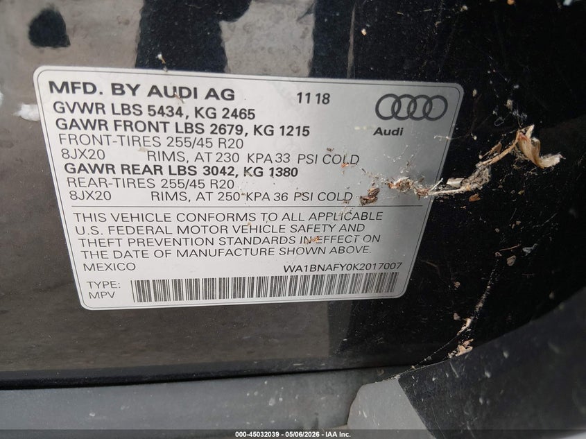 2019 Audi Q5 VIN WA1BNAFY0K2017007 IAAI salvage auction — LEFT SIDE, Salvage (California), sold $5,100 on 2026-07-20 (photo 9)