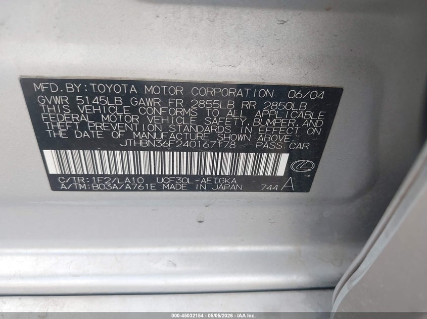 2004 Lexus Ls VIN JTHBN36F240167178 IAAI salvage auction — NORMAL WEAR, Clear-Dealer Only (Montana), sold $325 on 2026-08-22 (photo 9)