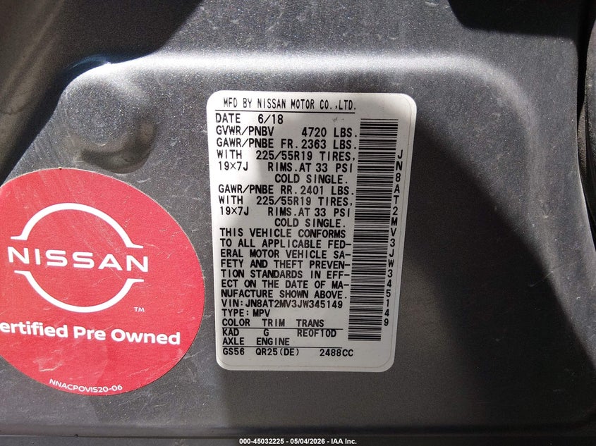 2018 Nissan Rogue VIN JN8AT2MV3JW345149 IAAI salvage auction — FRONT END, Salvage (Utah), sold $3,300 on 2026-07-23 (photo 9)