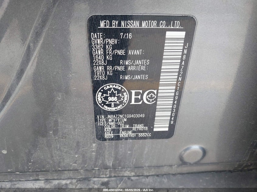 2016 Infiniti Qx80 VIN JN8AZ2NC1G9403049 IAAI salvage auction — LEFT FRONT, Salvage (Iowa), sold $25 on 2026-07-21 (photo 9)