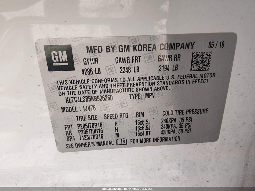 2019 Chevrolet Trax VIN KL7CJLSB5KB936260 IAAI salvage auction — HAIL, Clear (Wisconsin), sold $2,600 on 2026-07-15 (photo 9)