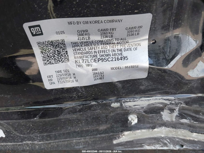 2025 Chevrolet Trax VIN KL77LGEP9SC216495 IAAI salvage auction — LEFT SIDE, Clear (Colorado), sold $6,972 on 2026-07-28 (photo 9)