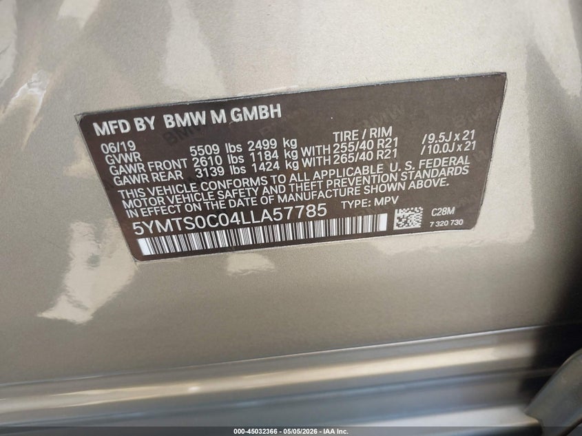 2020 BMW X3 m VIN 5YMTS0C04LLA57785 IAAI salvage auction — FRONT END, Mv-907A (New York), sold $15,725 on 2026-07-14 (photo 9)