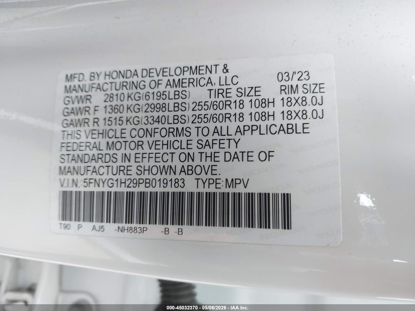 2023 Honda Pilot VIN 5FNYG1H29PB019183 IAAI salvage auction — RIGHT SIDE, Salvage Title, sold $14,125 on 2026-08-17 (photo 9)