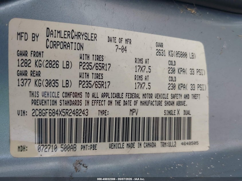 2005 Chrysler Pacifica VIN 2C8GF684X5R248243 IAAI salvage auction — NORMAL WEAR, Clear (Hawaii), sold $25 on 2026-07-21 (photo 9)