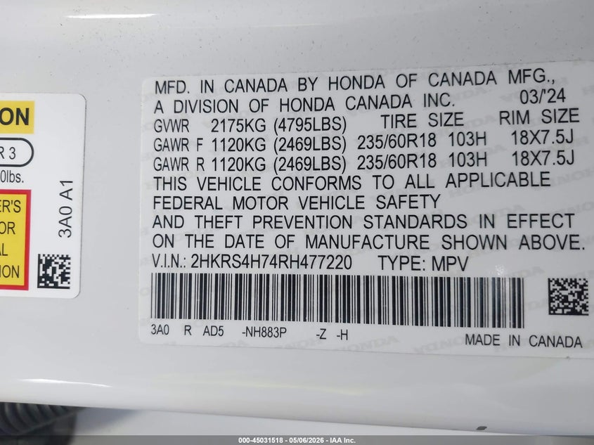 2024 Honda Cr-v VIN 2HKRS4H74RH477220 IAAI salvage auction — SIDE, Salvage (California), sold $12,900 on 2026-07-10 (photo 9)