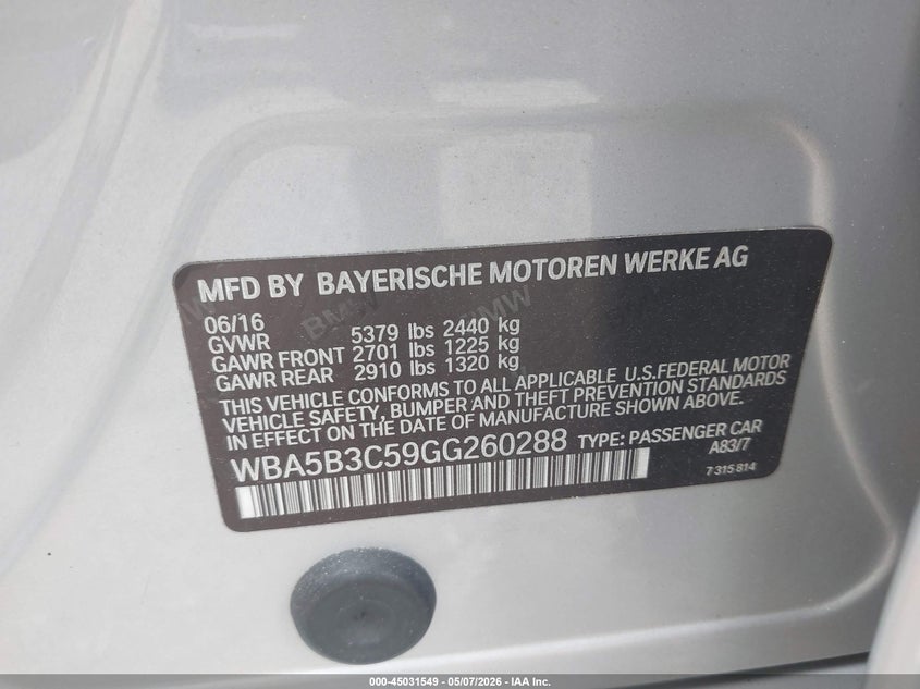 2016 BMW 5er VIN WBA5B3C59GG260288 IAAI salvage auction — FRONT END, Original (Texas), sold $3,750 on 2026-08-20 (photo 9)