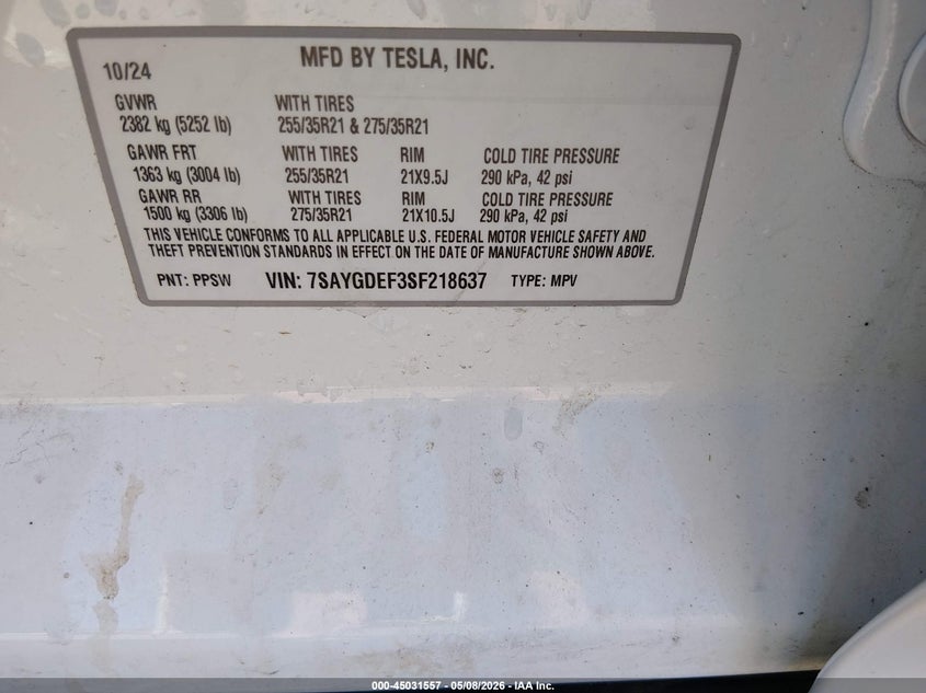 2025 Tesla Model y VIN 7SAYGDEF3SF218637 IAAI salvage auction — FRONT END, Clear (Nevada), sold $17,725 on 2026-07-17 (photo 9)