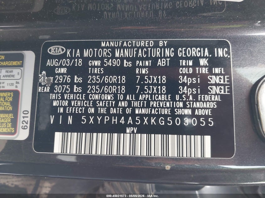 2019 Kia Sorento VIN 5XYPH4A5XKG503055 IAAI salvage auction — FRONT END, Salvage (Texas), sold $1,950 on 2026-07-21 (photo 9)