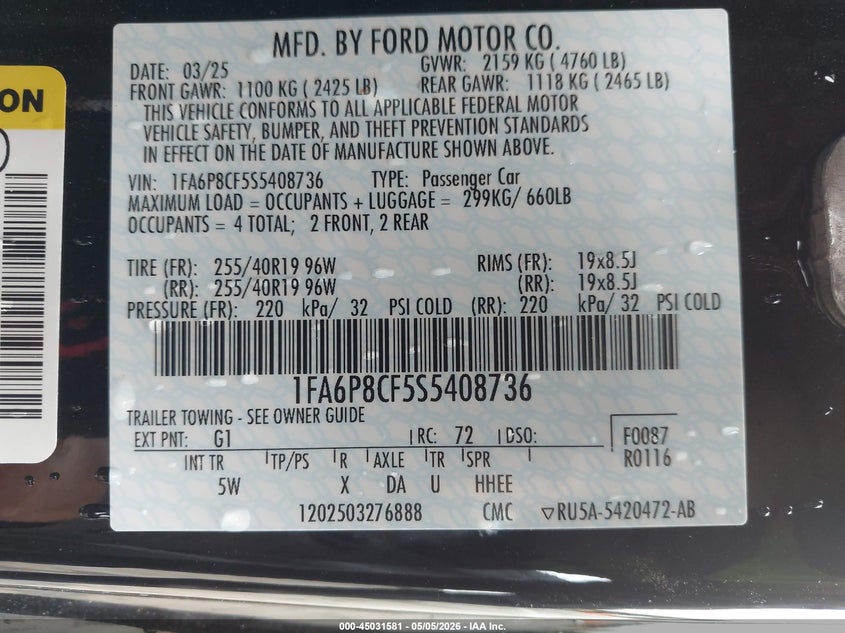 2025 Ford Mustang VIN 1FA6P8CF5S5408736 IAAI salvage auction — FRONT END, Salvage (California), sold $13,300 on 2026-07-29 (photo 9)