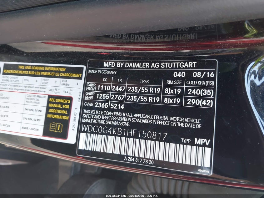 2017 Mercedes-benz Glc VIN WDC0G4KB1HF150817 IAAI salvage auction — HAIL, Salvage (Iowa), sold $5,700 on 2026-07-28 (photo 9)