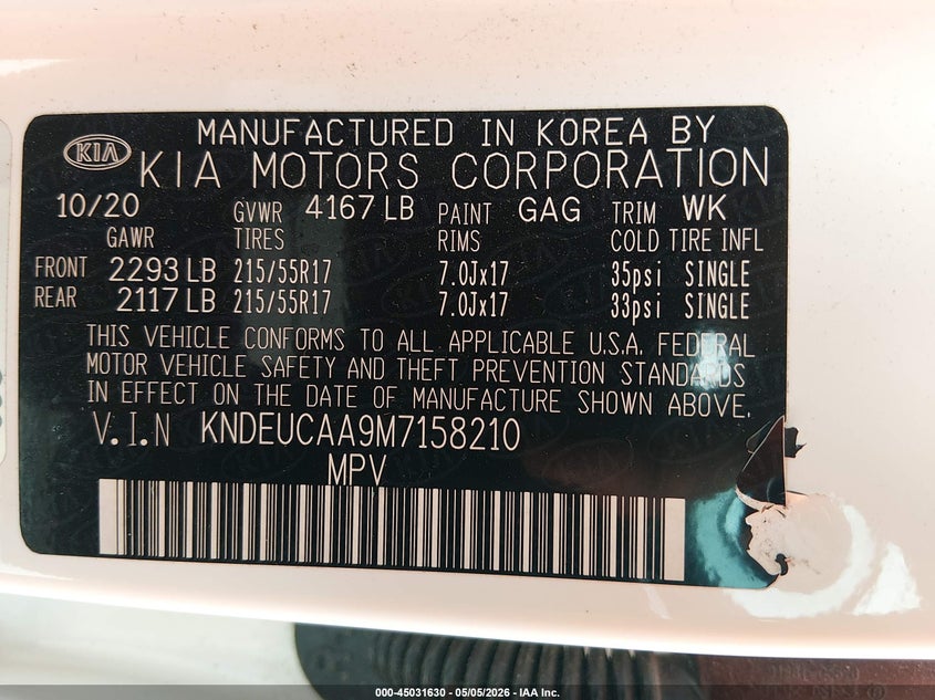 2021 Kia Seltos VIN KNDEUCAA9M7158210 IAAI salvage auction — NORMAL WEAR, Salvage (Texas), sold $3,700 on 2026-07-14 (photo 9)