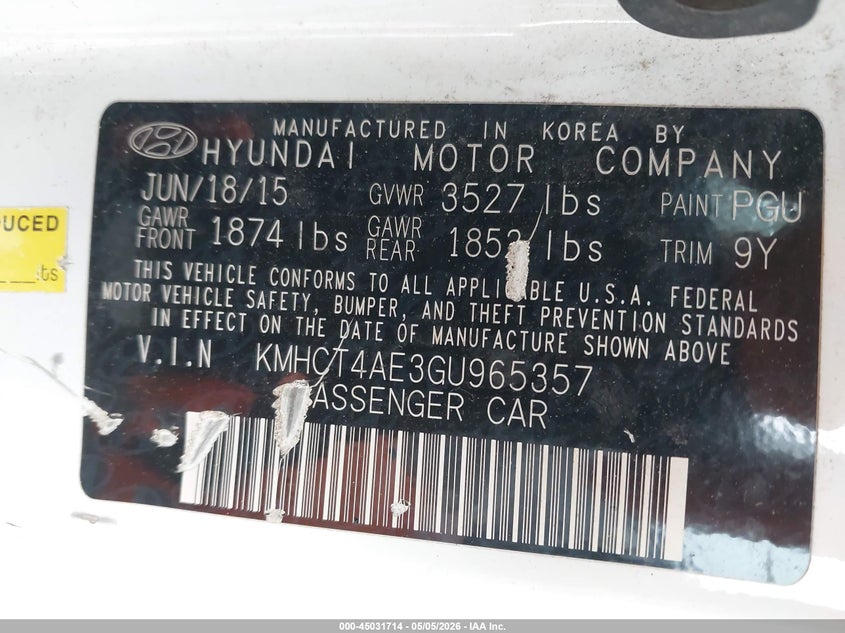 2016 Hyundai Accent VIN KMHCT4AE3GU965357 IAAI salvage auction — FRONT & REAR, Clear (Kansas), sold $425 on 2026-07-24 (photo 9)