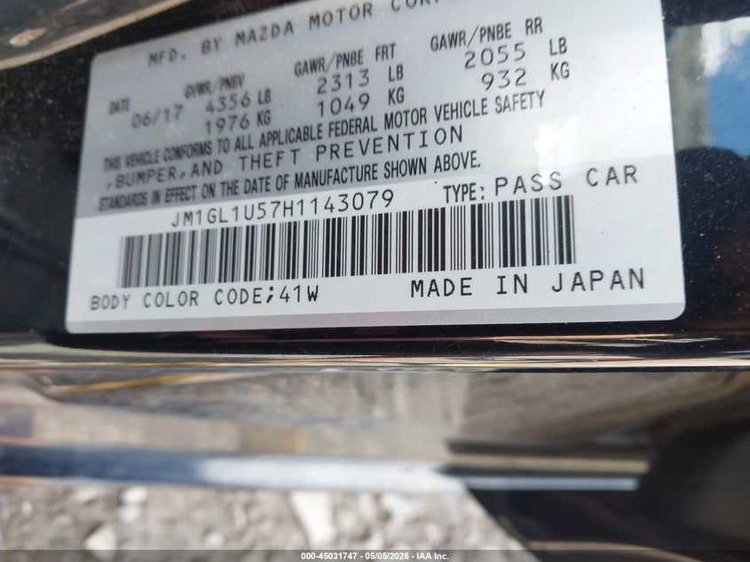 2017 Mazda 6 VIN JM1GL1U57H1143079 IAAI salvage auction — FRONT END, Mv-907A (New York), sold $300 on 2026-07-07 (photo 9)