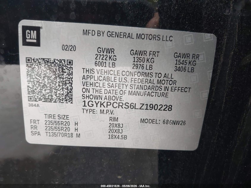2020 Cadillac Xt6 VIN 1GYKPCRS6LZ190228 IAAI salvage auction — LEFT FRONT, Original (Texas), sold $7,950 on 2026-07-08 (photo 9)