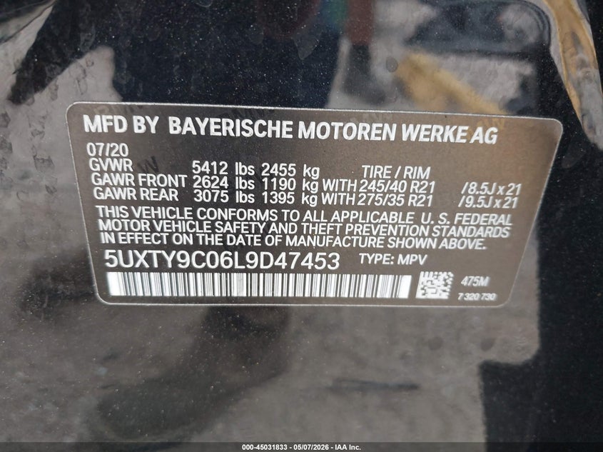 2020 BMW X3 VIN 5UXTY9C06L9D47453 IAAI salvage auction — FRONT END, Salvage (Texas), sold $3,650 on 2026-07-09 (photo 9)