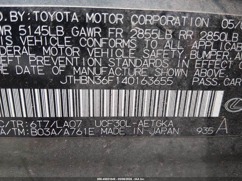 2004 Lexus Ls 430 VIN JTHBN36F140163655 IAAI salvage auction — NORMAL WEAR, Clear (Kansas), sold $750 on 2026-07-24 (photo 9)