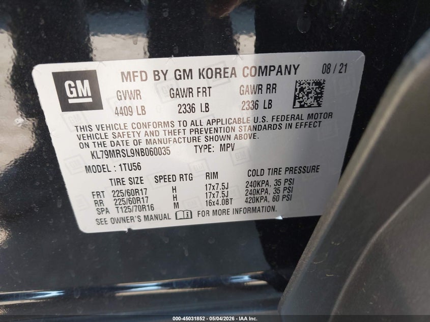 2022 Chevrolet Trailblazer VIN KL79MRSL9NB060035 IAAI salvage auction — RIGHT FRONT, Salvage - Greater Than 75% (Maryland), sold $2,550 on 2026-07-20 (photo 9)