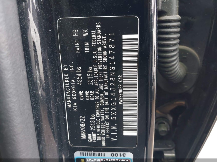 2022 Kia K5 VIN 5XXG14J28NG147871 IAAI salvage auction — RIGHT FRONT, Mv-907A (New York), sold $2,350 on 2026-07-08 (photo 9)