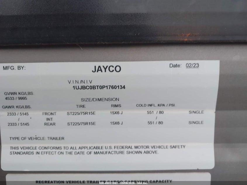 2023 Jayco Other VIN 1UJBC0BT0P1760134 IAAI salvage auction — HAIL, Original (Texas), sold $14,200 on 2026-08-19 (photo 9)