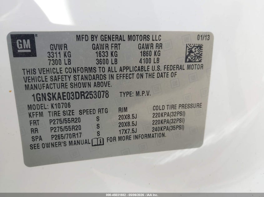 2013 Chevrolet Tahoe VIN 1GNSKAE03DR253078 IAAI salvage auction — HAIL, Salvage (Illinois), sold $1,100 on 2026-07-31 (photo 9)