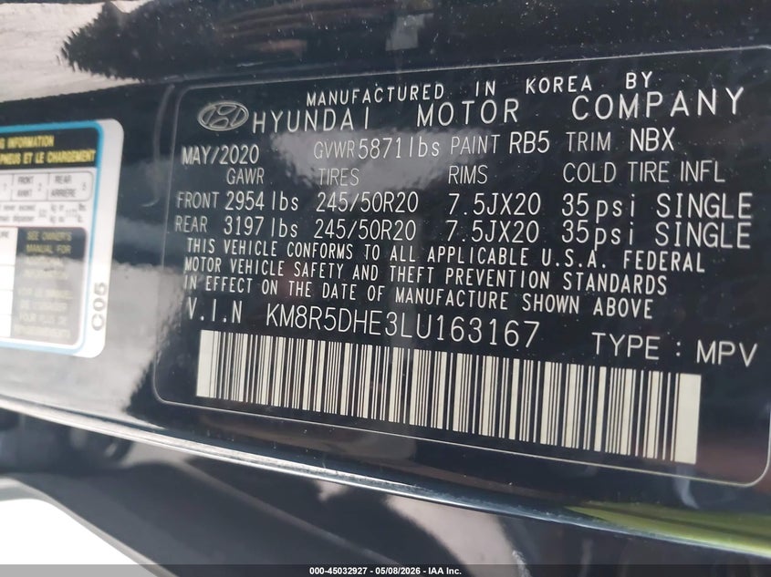 2020 Hyundai Palisade VIN KM8R5DHE3LU163167 IAAI salvage auction — FRONT END, Salvage (Indiana), sold $4,425 on 2026-07-15 (photo 9)