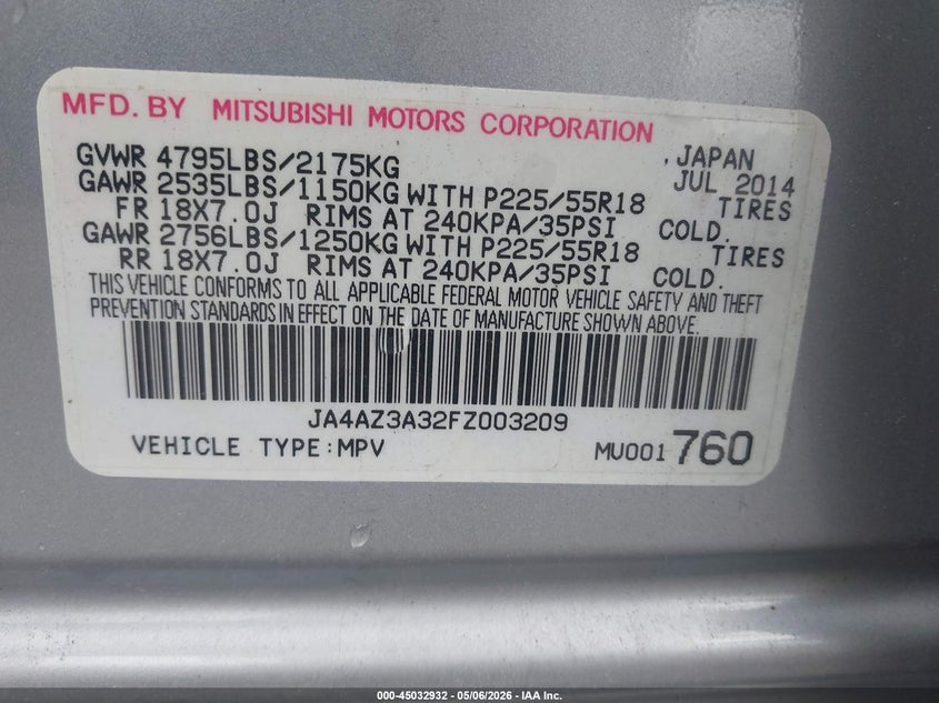 2015 Mitsubishi Outlander VIN JA4AZ3A32FZ003209 IAAI salvage auction — FRONT END, Salvage - Greater Than 75% (Maryland), sold $1,550 on 2026-07-13 (photo 9)