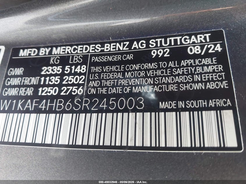2025 Mercedes-benz C-klasse VIN W1KAF4HB6SR245003 IAAI salvage auction — HAIL, Salvage (Ohio), sold $19,000 on 2026-07-14 (photo 9)