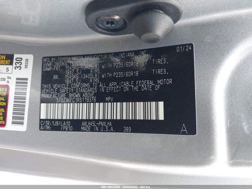 2024 Toyota Sienna VIN 5TDZSKFC1RS119376 IAAI salvage auction — FRONT END, Salvage (Massachusetts), sold $12,500 on 2026-07-31 (photo 9)