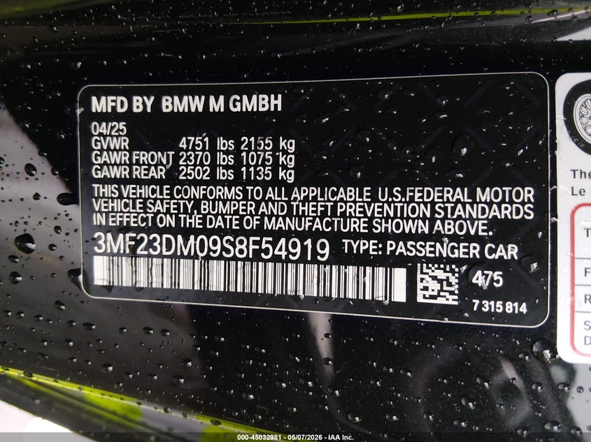 2025 BMW M2 VIN 3MF23DM09S8F54919 IAAI salvage auction — ROLLOVER, Wait Title, sold $26,500 on 2026-08-31 (photo 9)
