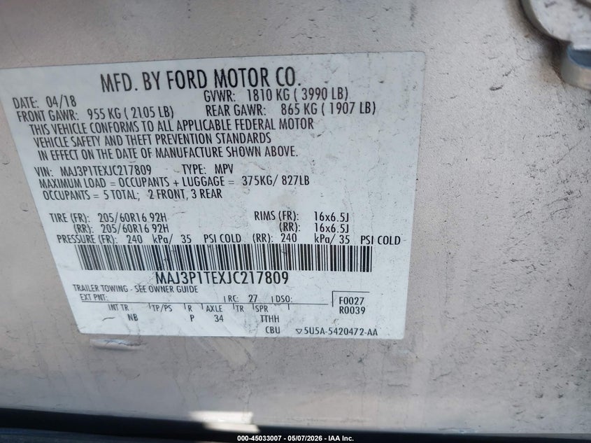 2018 Ford Ecosport VIN MAJ3P1TEXJC217809 IAAI salvage auction — FRONT END, Salvage - Greater Than 75% (Maryland), sold $700 on 2026-07-27 (photo 9)