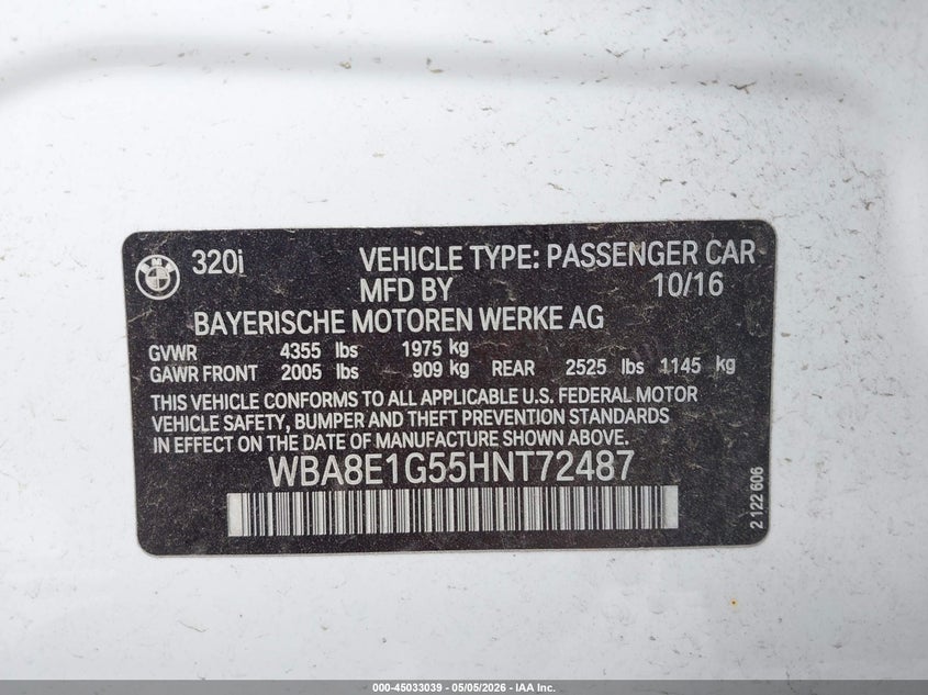 2017 BMW 3er VIN WBA8E1G55HNT72487 IAAI salvage auction — FRONT END, Salvage (Texas), sold $2,100 on 2026-07-28 (photo 9)