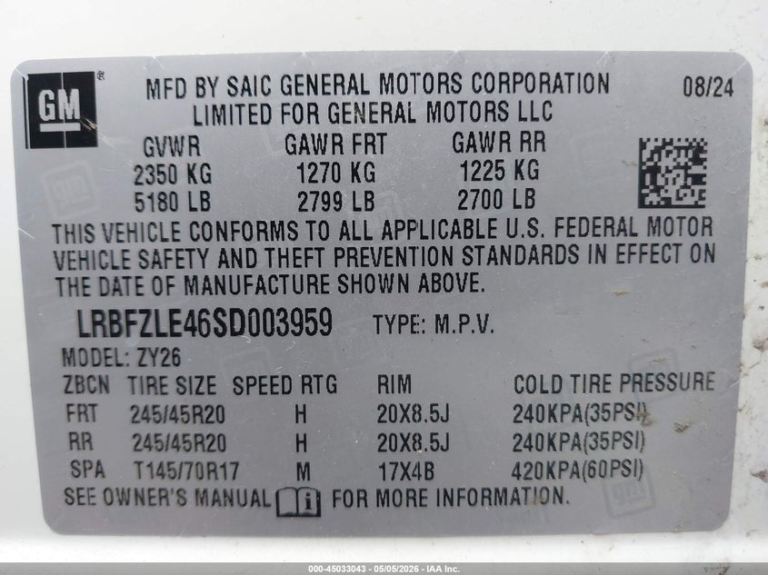 2025 Buick Envision VIN LRBFZLE46SD003959 IAAI salvage auction — RIGHT FRONT, Mv-907A (New York), sold $8,575 on 2026-07-08 (photo 9)