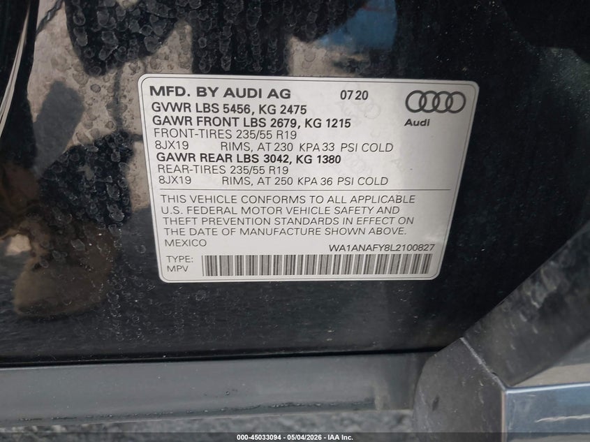 2020 Audi Q5 VIN WA1ANAFY8L2100827 IAAI salvage auction — FRONT END, Salvage (Illinois), sold $9,250 on 2026-07-07 (photo 9)