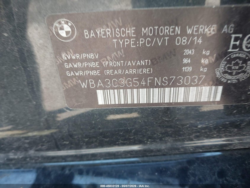 2015 BMW 3er VIN WBA3C3G54FNS73037 IAAI salvage auction — FRONT END, Salvage (Idaho), sold $25 on 2026-07-28 (photo 9)
